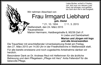 Traueranzeige von irmgard Liebhard von Frankenpost