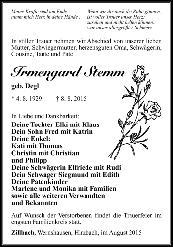 Traueranzeige von Irmengard Stemm von Südthüringer Presse