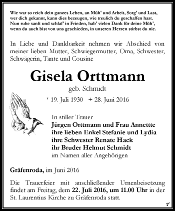 Traueranzeige von Gisela Ortmann von Südthüringer Presse