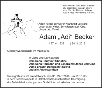 Traueranzeige von Adam Becker von Frankenpost
