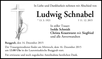 Traueranzeige von Ludwig Schnabel von Neue Presse Coburg