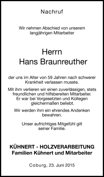 Traueranzeige von Hans Braunreuther von Neue Presse Coburg
