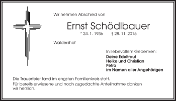 Traueranzeige von Ernst Schödlbauer von Frankenpost