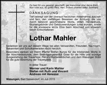Traueranzeige von Lothar Mahler von Südthüringer Presse