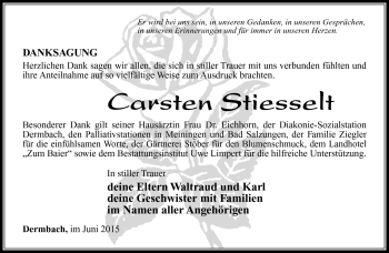 Traueranzeige von Carsten Stiesselt Stiesselt von Südthüringer Presse