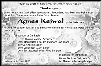 Traueranzeige von Agnes Kejwal von Südthüringer Presse