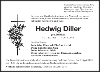Traueranzeige von Hedwig Diller von Südthüringer Presse