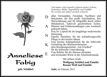 Traueranzeige von Anneliese Fabig von Südthüringer Presse