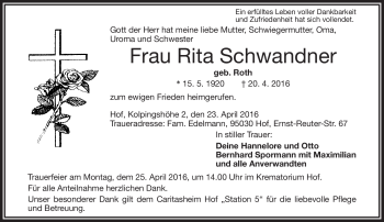 Traueranzeige von Rita Schwandner von Frankenpost