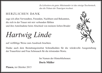 Traueranzeige von Hartwig Linde von Südthüringer Presse