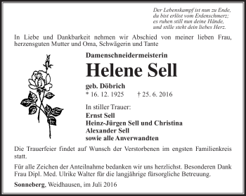 Traueranzeige von Helene Sell von Südthüringer Presse
