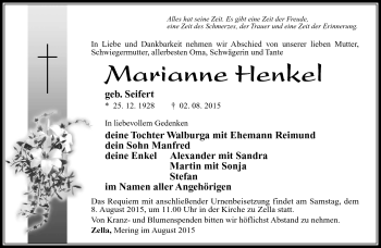 Traueranzeige von Marianne Henkel von Südthüringer Presse