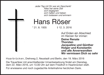 Traueranzeige von Hans Röser von Neue Presse Coburg