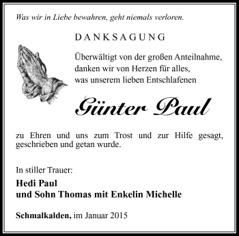 Traueranzeige von Günter Paul von Südthüringer Presse
