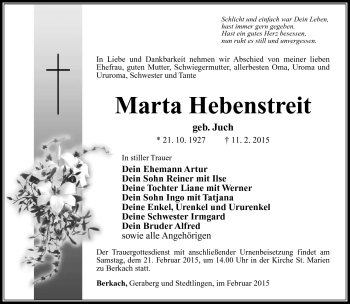 Traueranzeige von Marta Hebenstreit von Südthüringer Presse