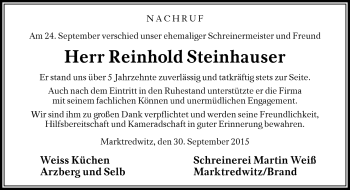 Traueranzeige von Reinhold Steinhauser von Frankenpost