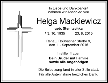 Traueranzeige von Helga Mackiewicz von Frankenpost