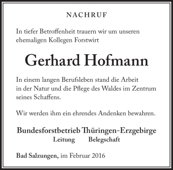 Traueranzeige von Gerhard Hofmann von Südthüringer Presse