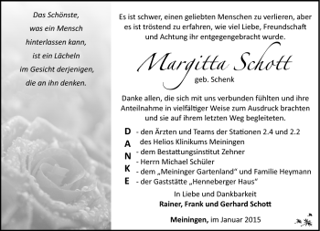 Traueranzeige von Margitta Schott von Südthüringer Presse