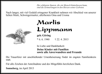 Traueranzeige von Marlis Lippmann von Südthüringer Presse