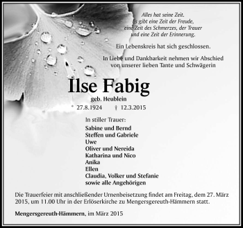 Traueranzeige von Ilse Fabig von Südthüringer Presse