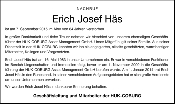 Traueranzeige von Erich Josef Häs von Neue Presse Coburg