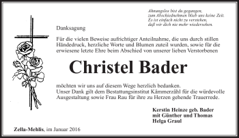 Traueranzeige von Christel BAder von Südthüringer Presse