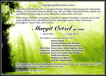 Traueranzeige von Margit Oetzel von Südthüringer Presse