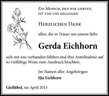 Traueranzeige von Gerda Eichhorn von Südthüringer Presse