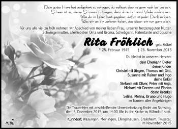 Traueranzeige von Rita Fröhlich von Südthüringer Presse