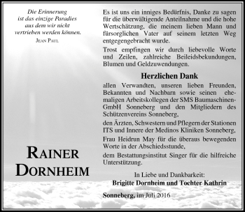 Traueranzeige von Rainer Dornheim von Südthüringer Presse