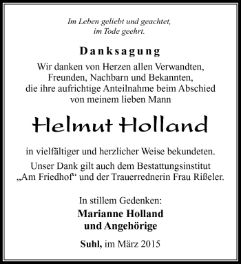 Traueranzeige von Helmut Holland von Südthüringer Presse