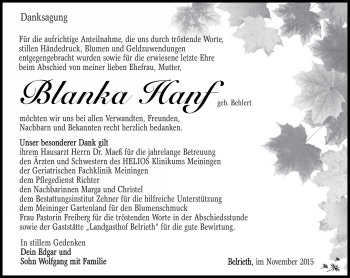 Traueranzeige von Blanka Hanf von Südthüringer Presse