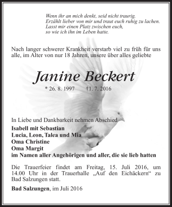 Traueranzeige von Janine Beckert von Südthüringer Presse
