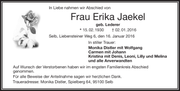 Traueranzeige von Erika Jaekel von Frankenpost