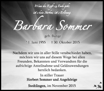 Traueranzeige von Barbara Sommer von Südthüringer Presse
