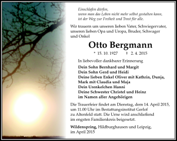 Traueranzeige von Otto Bergmann von Südthüringer Presse