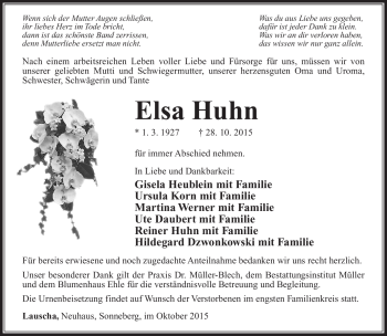 Traueranzeige von Elsa Huhn von Südthüringer Presse