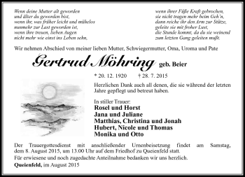 Traueranzeige von Gertrud Möhring von Südthüringer Presse