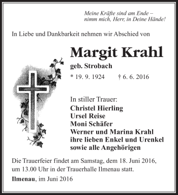 Traueranzeige von Margit Krahl von Südthüringer Presse