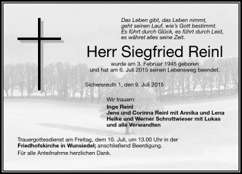 Traueranzeige von Siegfried Reinl von Frankenpost