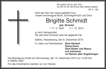 Traueranzeige von Brigitte Schmidt von Frankenpost