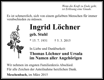 Traueranzeige von Ingrid Löchner von Südthüringer Presse