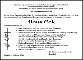 Traueranzeige von Hans Eck von Südthüringer Presse