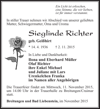 Traueranzeige von Sieglinde Richter von Südthüringer Presse