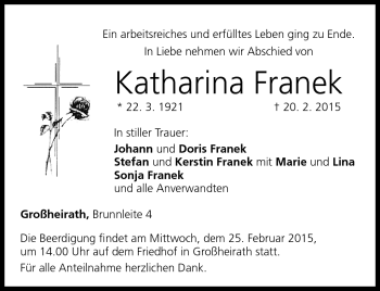 Traueranzeige von Katharina Franek von Neue Presse Coburg