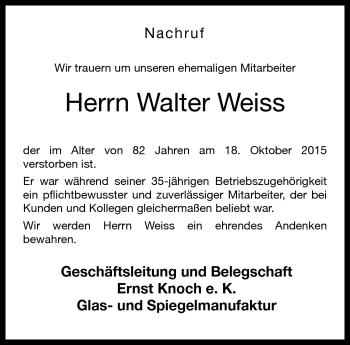 Traueranzeige von Walter Weiss von Neue Presse Coburg
