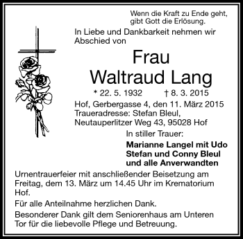 Traueranzeige von Waltraud Lang von Frankenpost