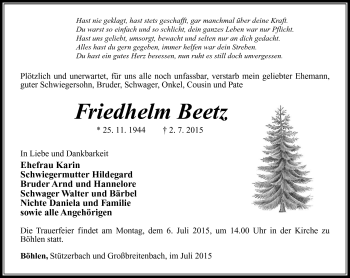 Traueranzeige von Friedhelm Beetz von Südthüringer Presse