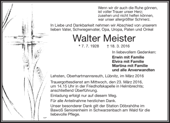 Traueranzeige von Walter Meister von Frankenpost
